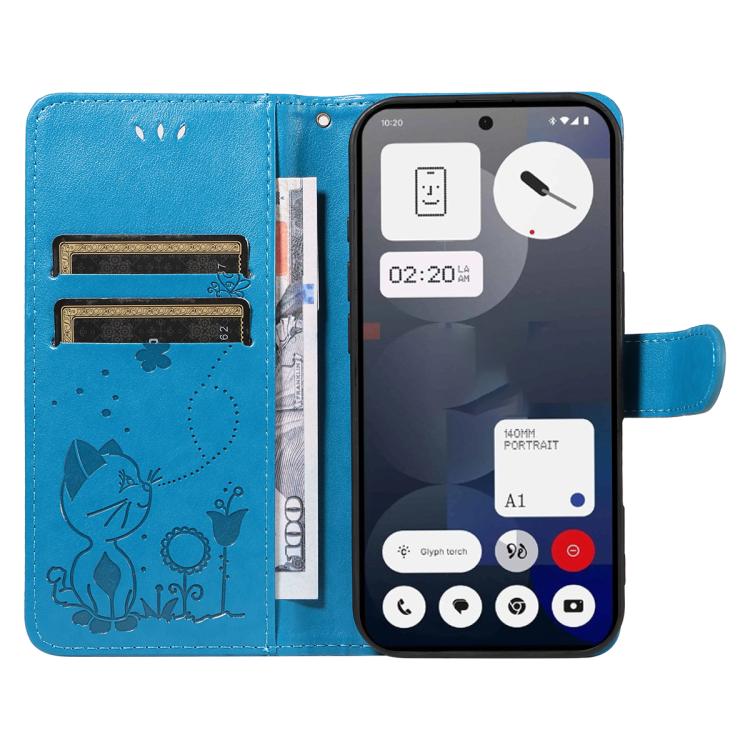 For Nothing Phone 3A Cat and Bee Embossed Flip Leather Phone Case(Blue)