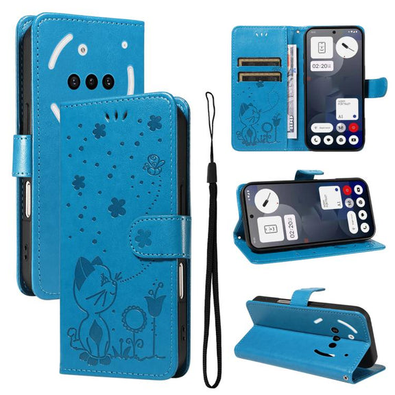 For Nothing Phone 3A Cat and Bee Embossed Flip Leather Phone Case(Blue)