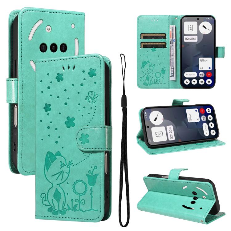 For Nothing Phone 3A Cat and Bee Embossed Flip Leather Phone Case(Green) - free shipping - PMC Jewellery - Order now!