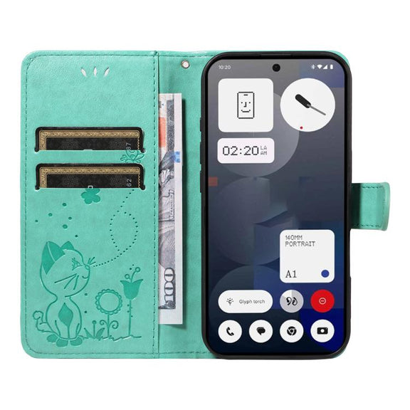 For Nothing Phone 3A Cat and Bee Embossed Flip Leather Phone Case(Green)
