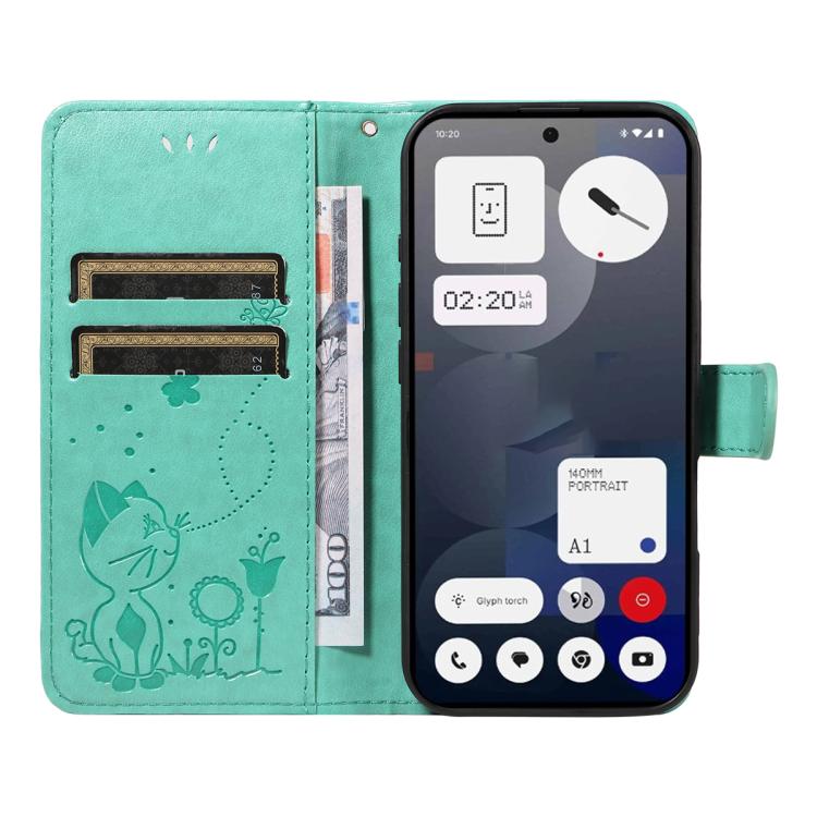 For Nothing Phone 3A Cat and Bee Embossed Flip Leather Phone Case(Green)