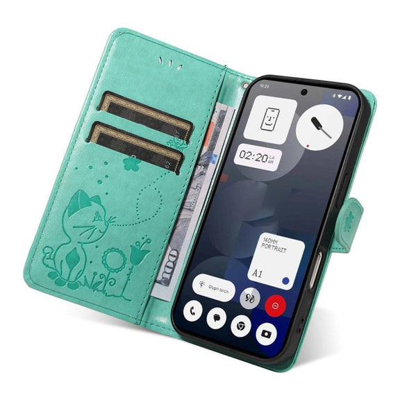 For Nothing Phone 3A Cat and Bee Embossed Flip Leather Phone Case(Green)