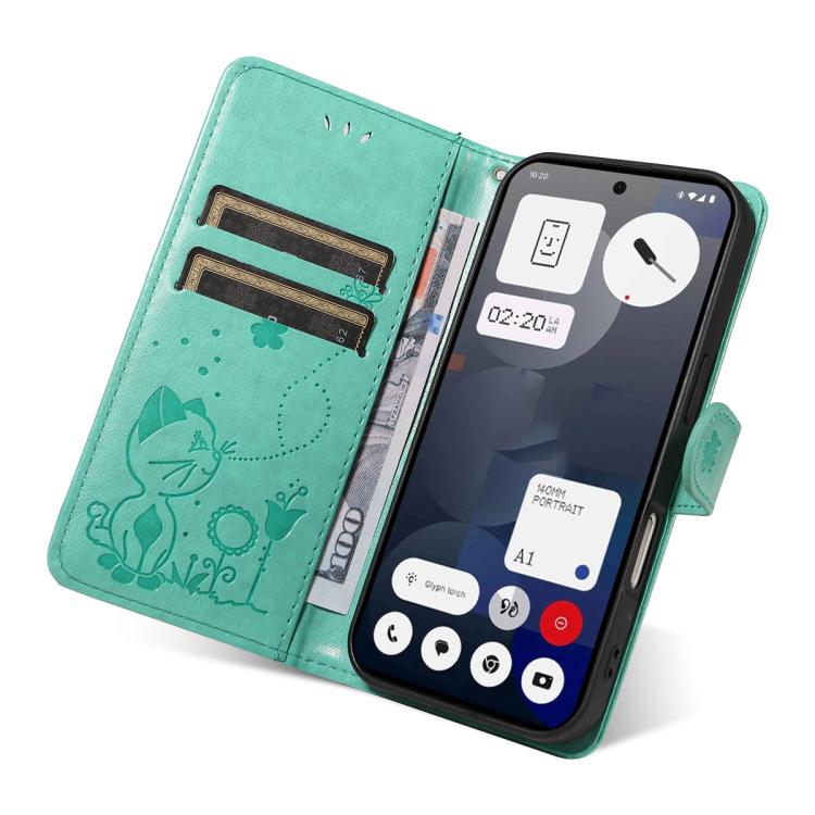 For Nothing Phone 3A Cat and Bee Embossed Flip Leather Phone Case(Green)