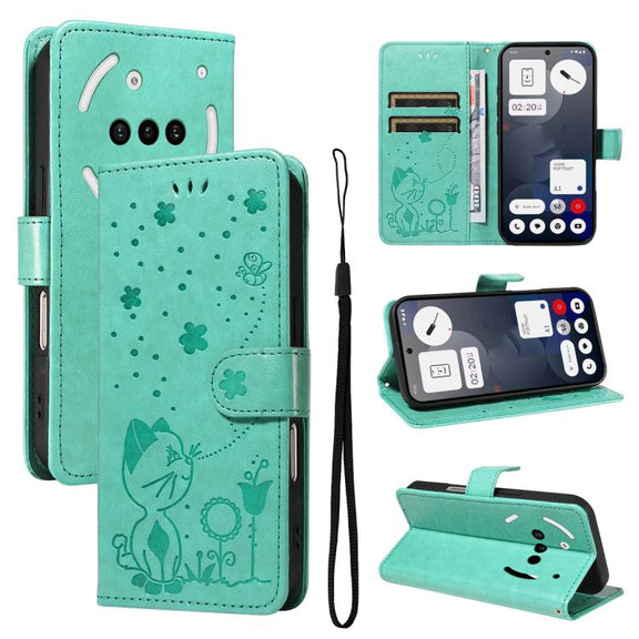 For Nothing Phone 3A Cat and Bee Embossed Flip Leather Phone Case(Green)