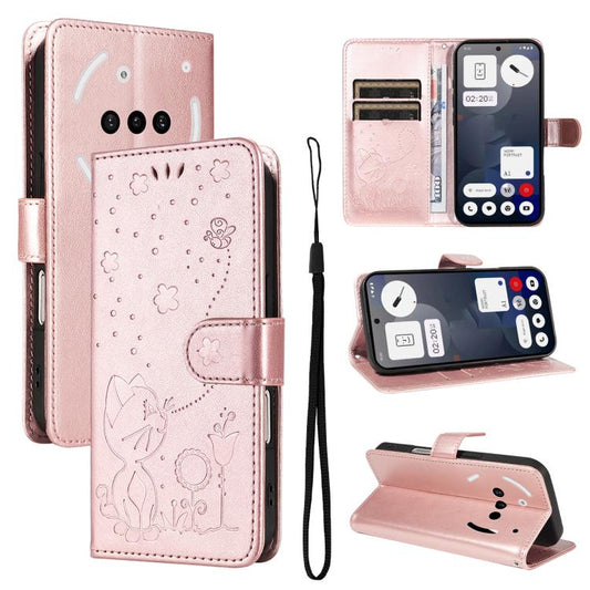 For Nothing Phone 3A Cat and Bee Embossed Flip Leather Phone Case(Rose Gold) - free shipping - PMC Jewellery - Order now!