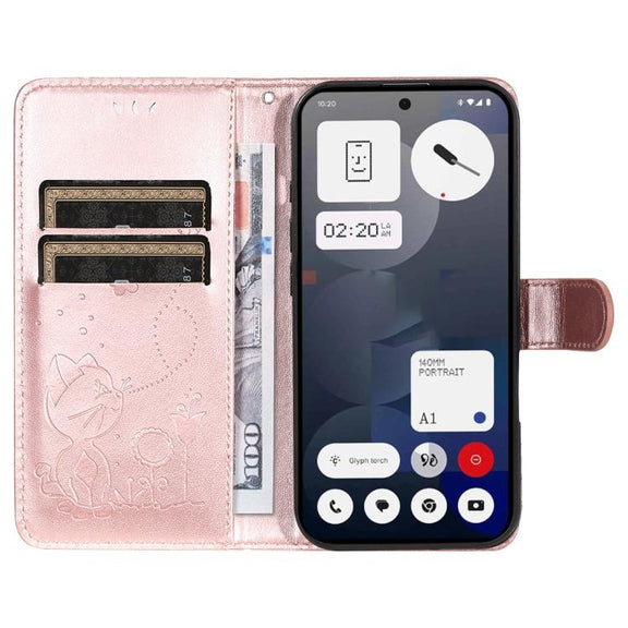 For Nothing Phone 3A Cat and Bee Embossed Flip Leather Phone Case(Rose Gold)