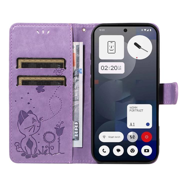 For Nothing Phone 3A Cat and Bee Embossed Flip Leather Phone Case(Purple)