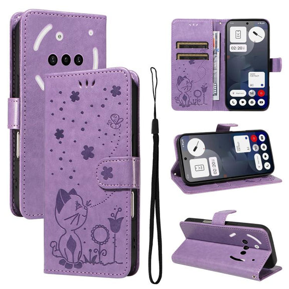 For Nothing Phone 3A Cat and Bee Embossed Flip Leather Phone Case(Purple)