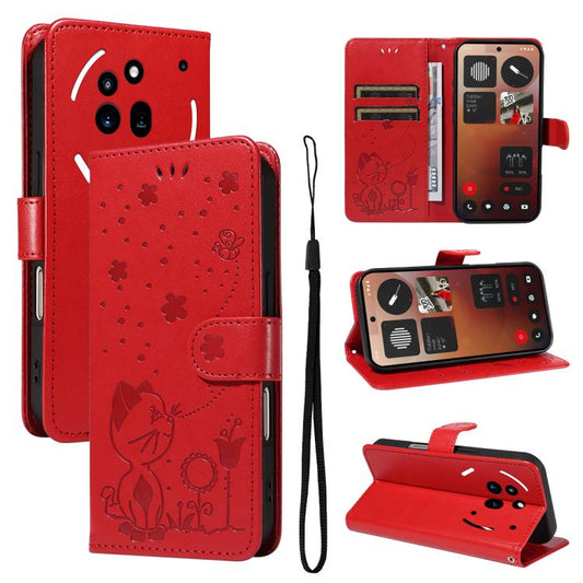 For Nothing Phone 3A Pro Cat and Bee Embossed Flip Leather Phone Case(Red) - free shipping - PMC Jewellery - Order now!