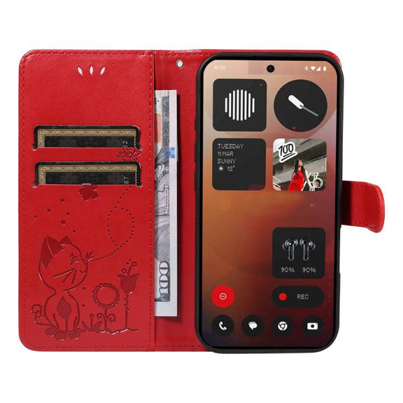 For Nothing Phone 3A Pro Cat and Bee Embossed Flip Leather Phone Case(Red)