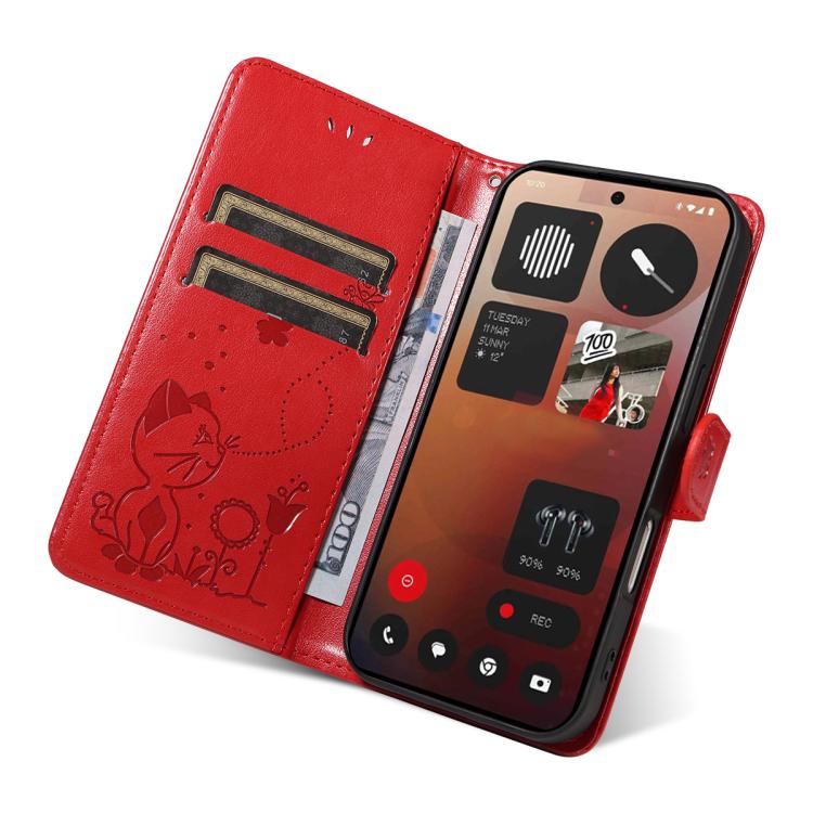 For Nothing Phone 3A Pro Cat and Bee Embossed Flip Leather Phone Case(Red)