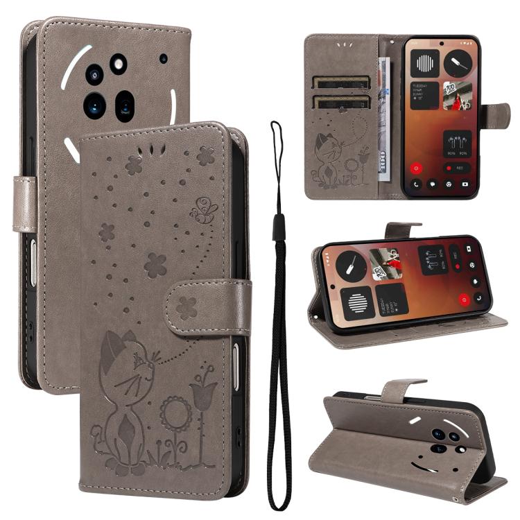 For Nothing Phone 3A Pro Cat and Bee Embossed Flip Leather Phone Case(Grey) - free shipping - PMC Jewellery - Order now!