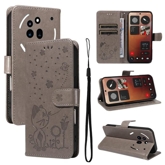 For Nothing Phone 3A Pro Cat and Bee Embossed Flip Leather Phone Case(Grey) - free shipping - PMC Jewellery - Order now!