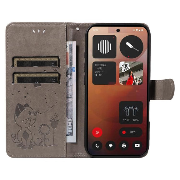 For Nothing Phone 3A Pro Cat and Bee Embossed Flip Leather Phone Case(Grey)