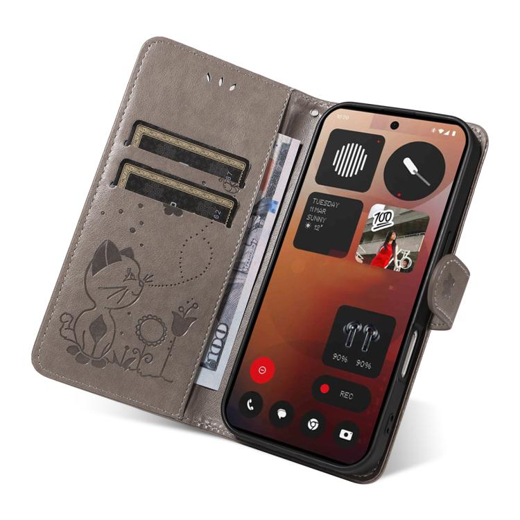 For Nothing Phone 3A Pro Cat and Bee Embossed Flip Leather Phone Case(Grey)