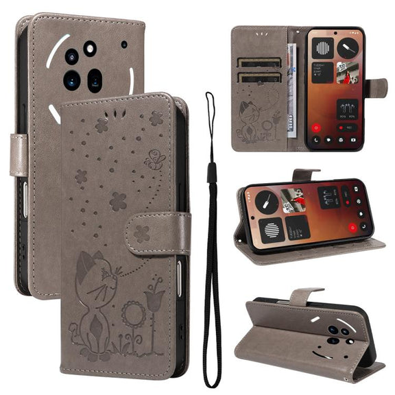 For Nothing Phone 3A Pro Cat and Bee Embossed Flip Leather Phone Case(Grey)