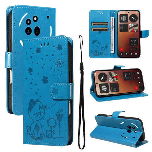 For Nothing Phone 3A Pro Cat and Bee Embossed Flip Leather Phone Case(Blue) - free shipping - PMC Jewellery - Order now!