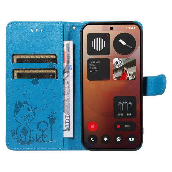 For Nothing Phone 3A Pro Cat and Bee Embossed Flip Leather Phone Case(Blue)