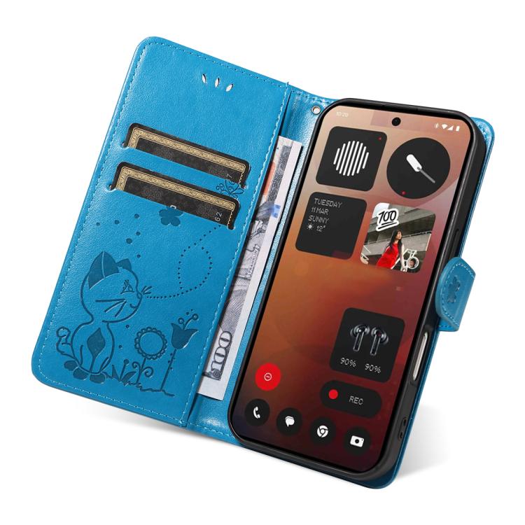 For Nothing Phone 3A Pro Cat and Bee Embossed Flip Leather Phone Case(Blue)