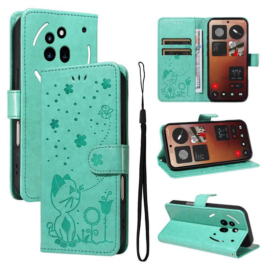 For Nothing Phone 3A Pro Cat and Bee Embossed Flip Leather Phone Case(Green) - free shipping - PMC Jewellery - Order now!