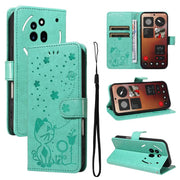 For Nothing Phone 3A Pro Cat and Bee Embossed Flip Leather Phone Case(Green)