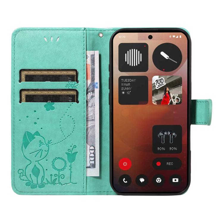 For Nothing Phone 3A Pro Cat and Bee Embossed Flip Leather Phone Case(Green)