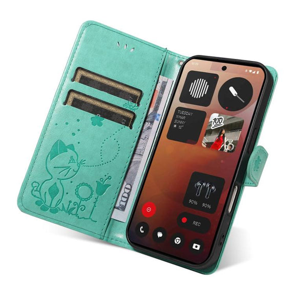 For Nothing Phone 3A Pro Cat and Bee Embossed Flip Leather Phone Case(Green)