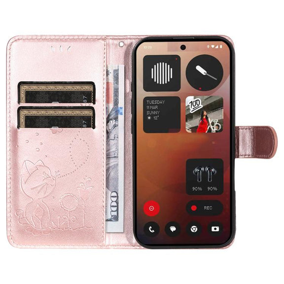 For Nothing Phone 3A Pro Cat and Bee Embossed Flip Leather Phone Case(Rose Gold)