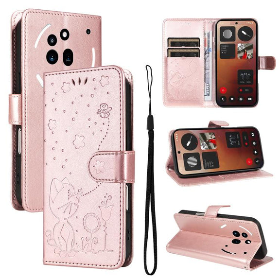 For Nothing Phone 3A Pro Cat and Bee Embossed Flip Leather Phone Case(Rose Gold)