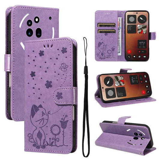 For Nothing Phone 3A Pro Cat and Bee Embossed Flip Leather Phone Case(Purple) - free shipping - PMC Jewellery - Order now!