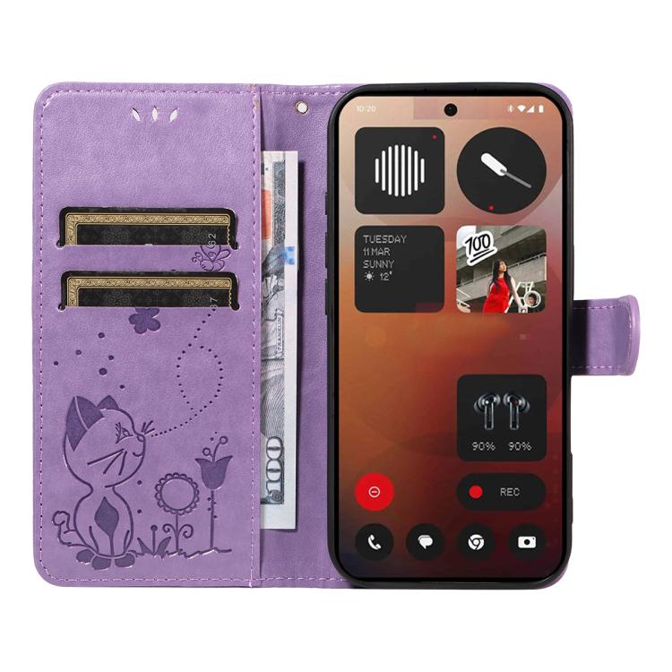 For Nothing Phone 3A Pro Cat and Bee Embossed Flip Leather Phone Case(Purple)