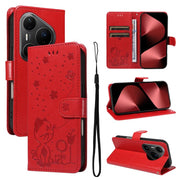 For Huawei Pura 80 Pro 5G Cat and Bee Embossed Flip Leather Phone Case(Red)