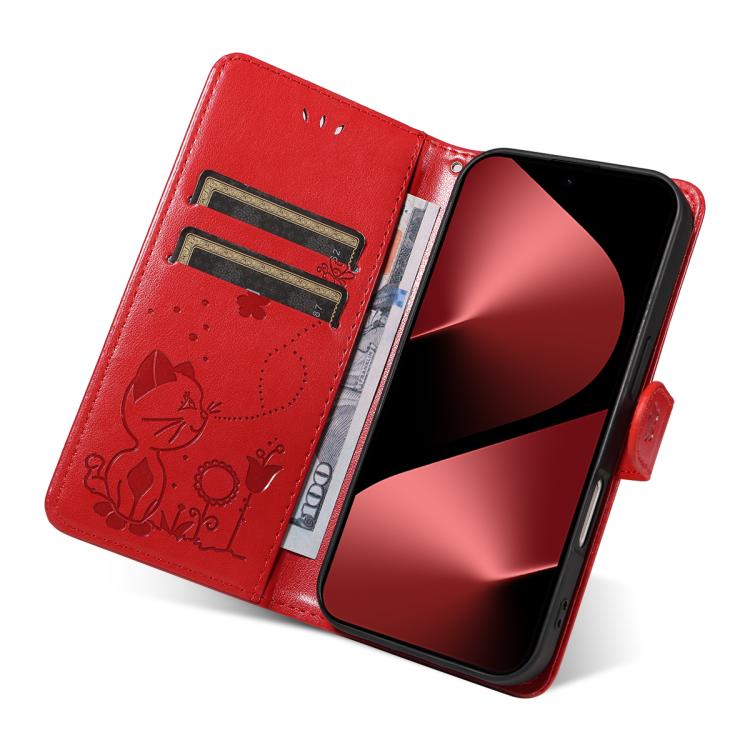 For Huawei Pura 80 Pro 5G Cat and Bee Embossed Flip Leather Phone Case(Red)