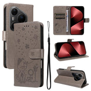 For Huawei Pura 80 Pro 5G Cat and Bee Embossed Flip Leather Phone Case(Grey)