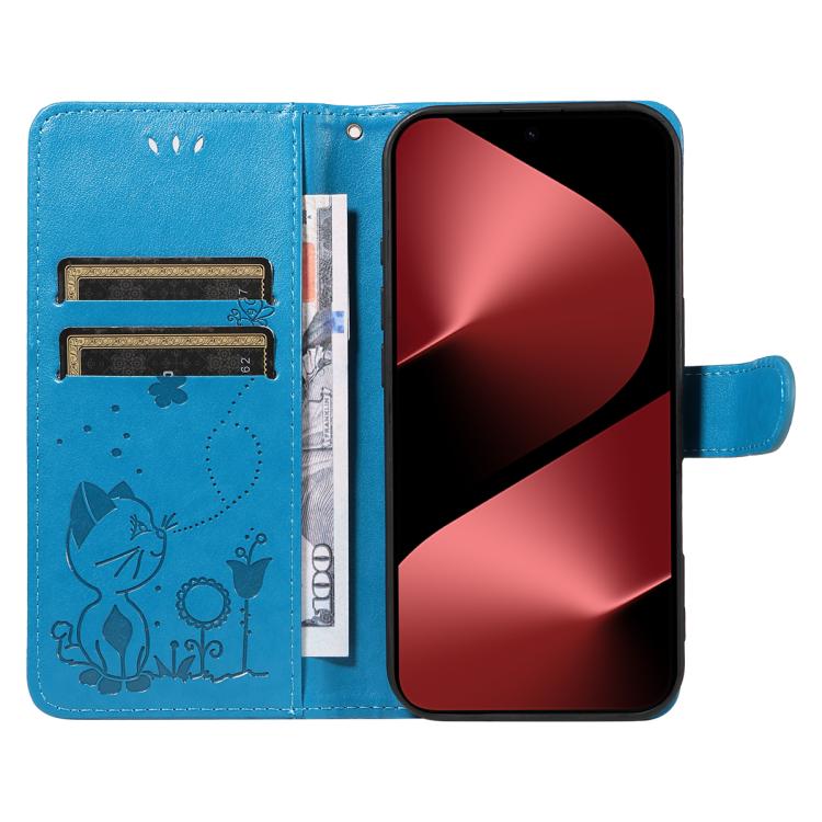 For Huawei Pura 80 Pro 5G Cat and Bee Embossed Flip Leather Phone Case(Blue)