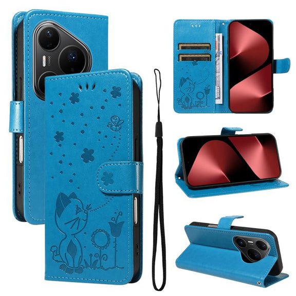 For Huawei Pura 80 Pro 5G Cat and Bee Embossed Flip Leather Phone Case(Blue)
