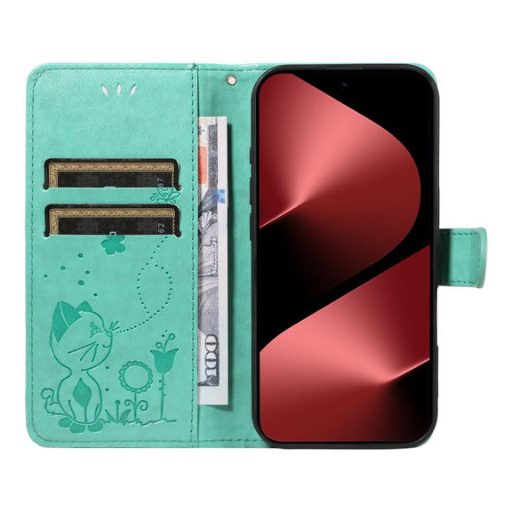 For Huawei Pura 80 Pro 5G Cat and Bee Embossed Flip Leather Phone Case(Green)