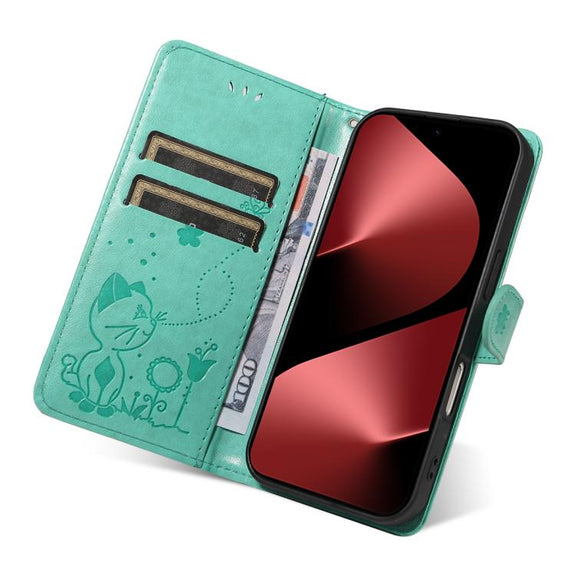 For Huawei Pura 80 Pro 5G Cat and Bee Embossed Flip Leather Phone Case(Green)