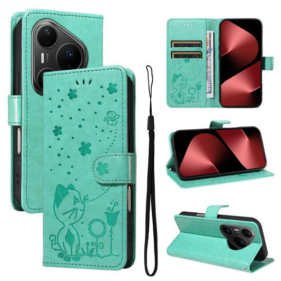 For Huawei Pura 80 Pro 5G Cat and Bee Embossed Flip Leather Phone Case(Green)