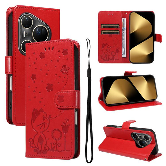 For Huawei Pura 80 Ultra 5G Cat and Bee Embossed Flip Leather Phone Case(Red)
