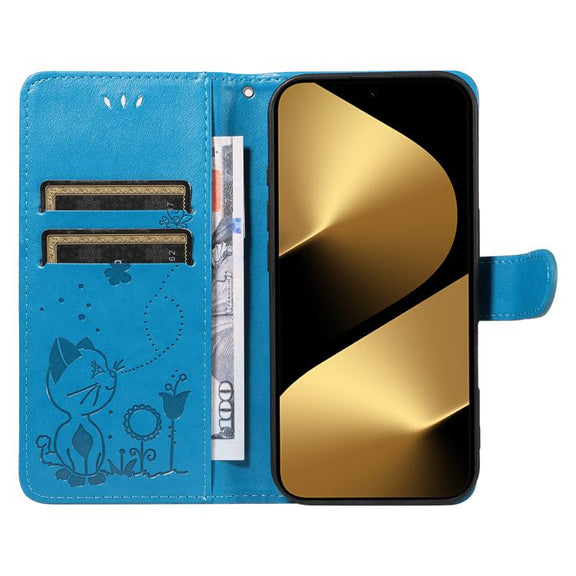 For Huawei Pura 80 Ultra 5G Cat and Bee Embossed Flip Leather Phone Case(Blue)