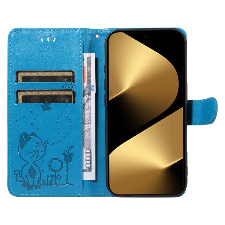 For Huawei Pura 80 Ultra 5G Cat and Bee Embossed Flip Leather Phone Case(Blue)