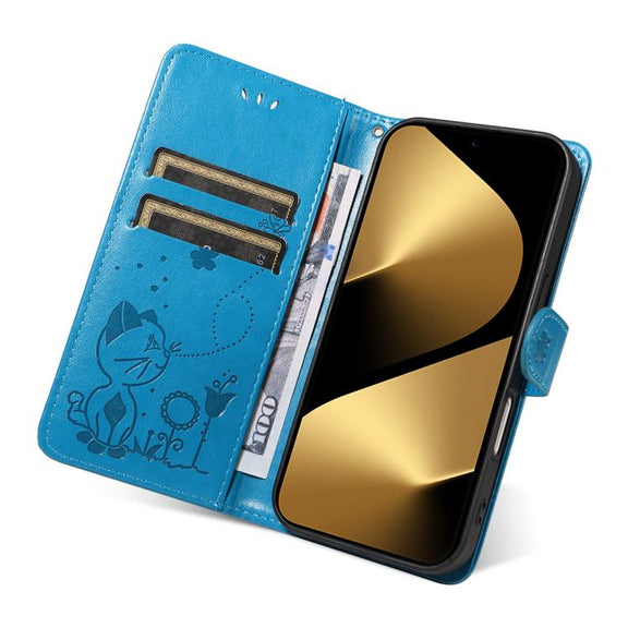 For Huawei Pura 80 Ultra 5G Cat and Bee Embossed Flip Leather Phone Case(Blue)