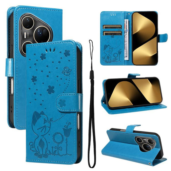 For Huawei Pura 80 Ultra 5G Cat and Bee Embossed Flip Leather Phone Case(Blue)