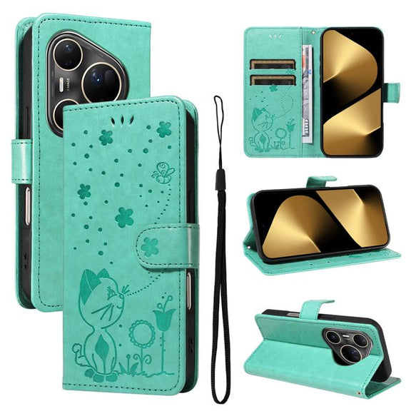 For Huawei Pura 80 Ultra 5G Cat and Bee Embossed Flip Leather Phone Case(Green)