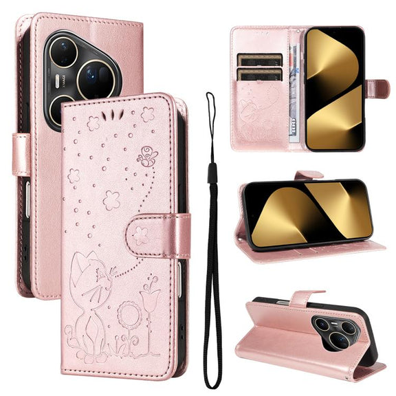 For Huawei Pura 80 Ultra 5G Cat and Bee Embossed Flip Leather Phone Case(Rose Gold)