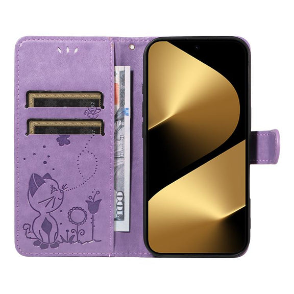 For Huawei Pura 80 Ultra 5G Cat and Bee Embossed Flip Leather Phone Case(Purple)