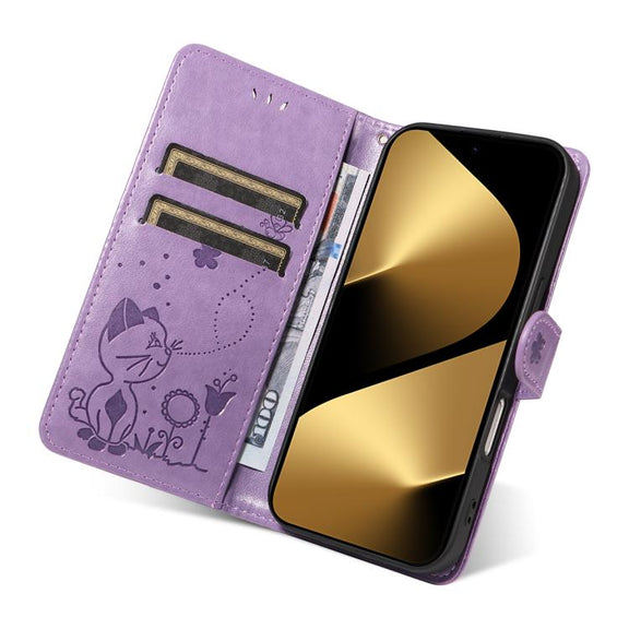 For Huawei Pura 80 Ultra 5G Cat and Bee Embossed Flip Leather Phone Case(Purple)