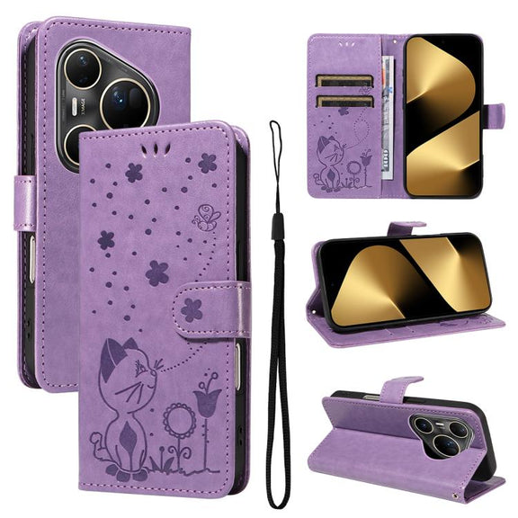 For Huawei Pura 80 Ultra 5G Cat and Bee Embossed Flip Leather Phone Case(Purple)