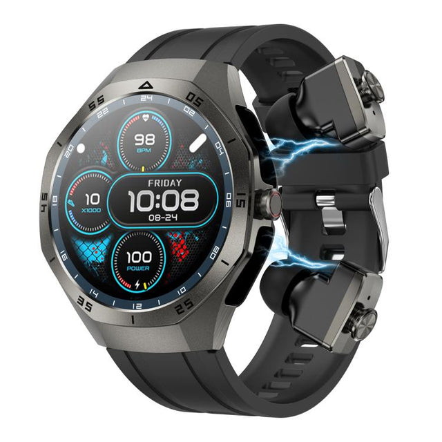F38 Dual-ear Bluetooth Earphone Smart Watch IP67 Supports Heart Rate Monitoring, Watchband:Silicone(Black)